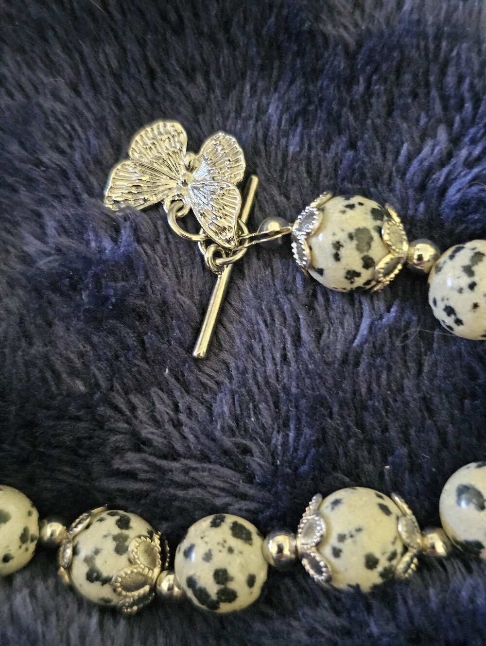 Dalmation Jasper Bracelet, Approx. 8 Inches, Flower Caps Over Each Stone